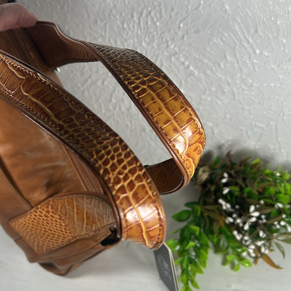 🆕M.C. Embossed NEW Genuine Leather Shoulder Bag Camel Color Silver Accents NWT - Picture 10 of 16